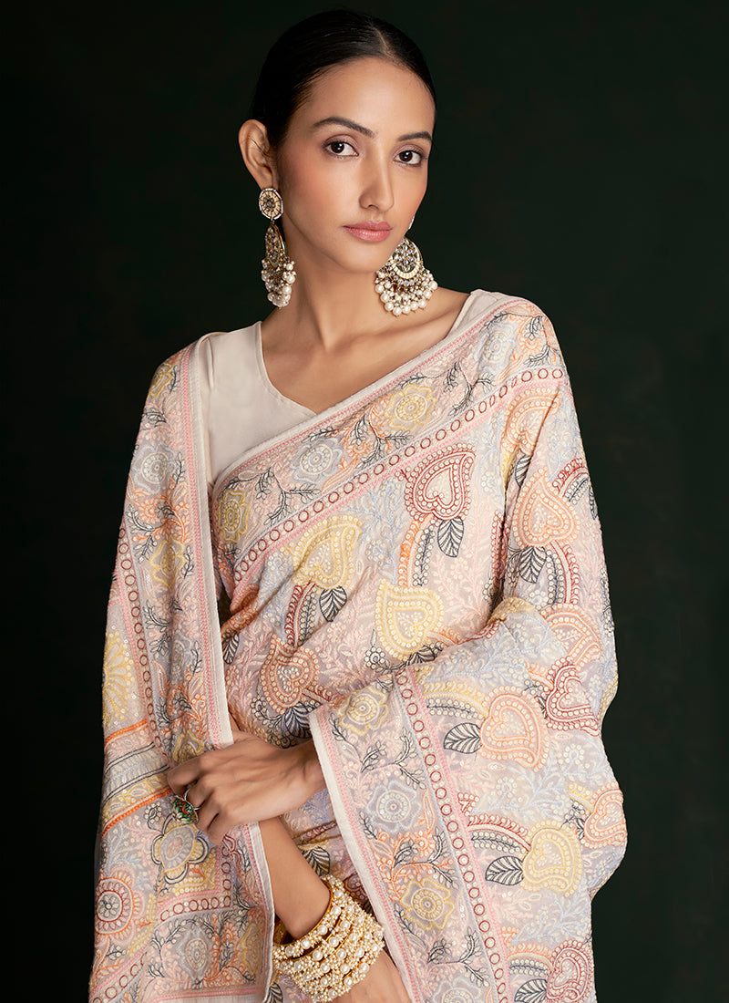 White And Peach Embroidery Lucknowi Saree In USA Kansas