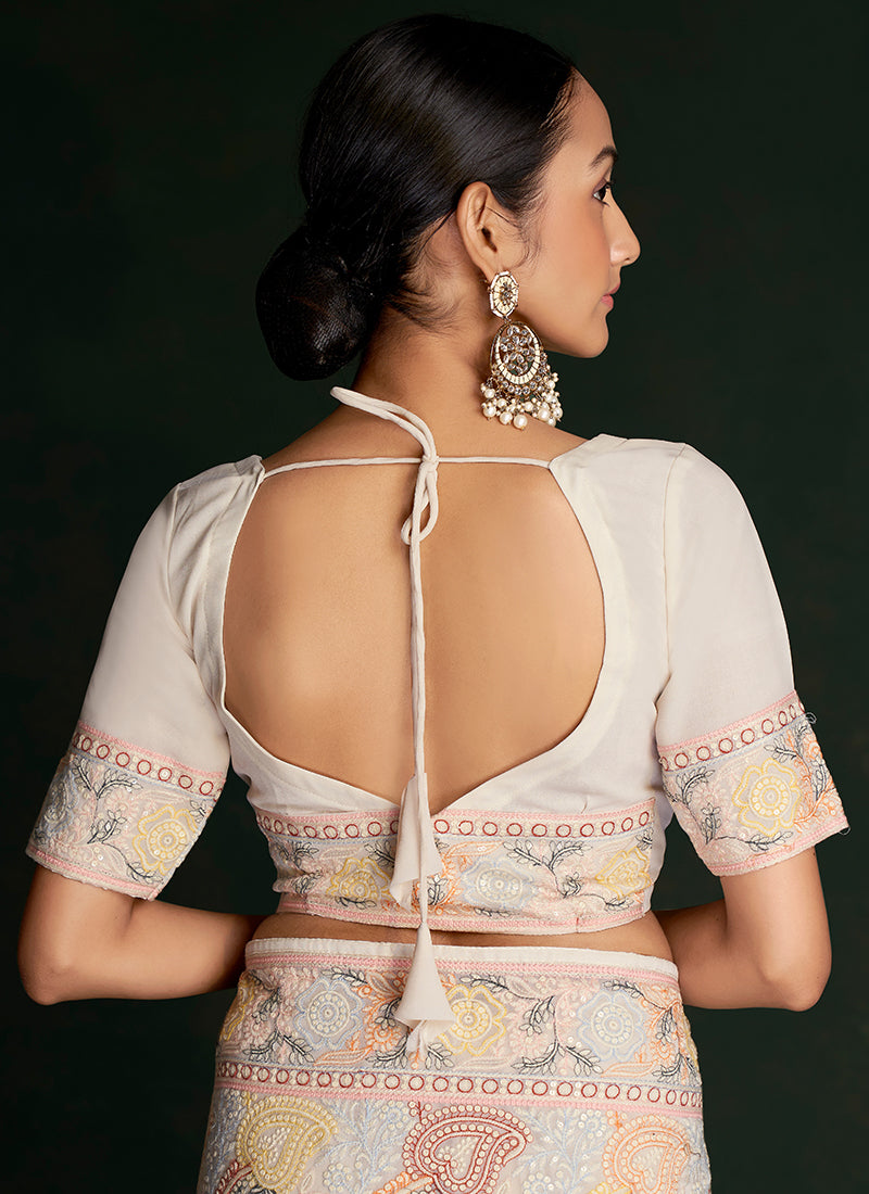 White And Peach Embroidery Lucknowi Saree In USA Kansas