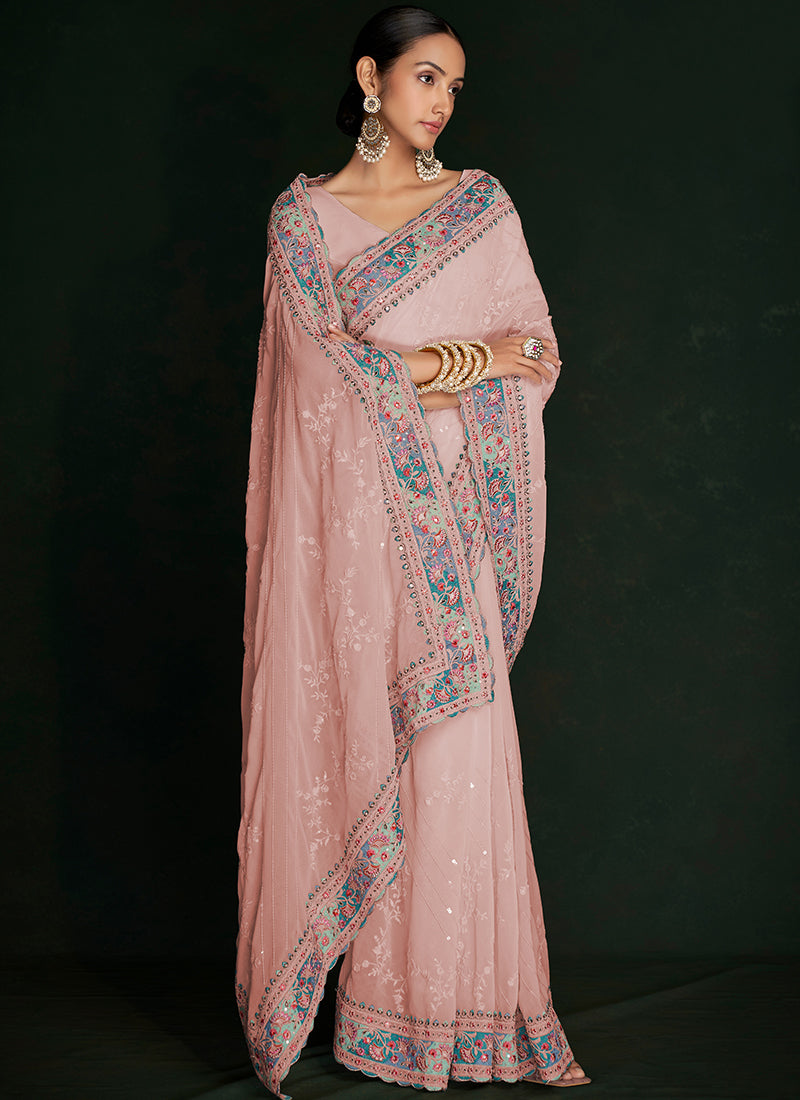 Pink Multi Embroidery Lucknowi Saree In USA Pennsylvania