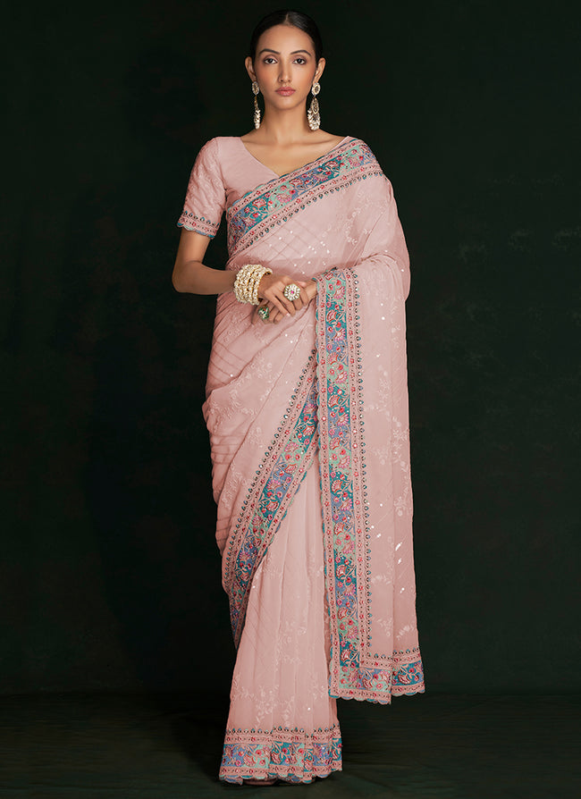 Buy Indian Saree - Salmon Pink Multi Embroidery Lucknowi Saree
