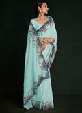 Turquoise Multi Embroidery Lucknowi Saree I n USA California 