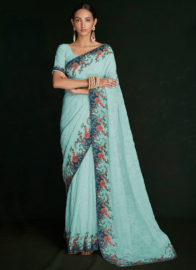 Turquoise Multi Embroidery Lucknowi Saree