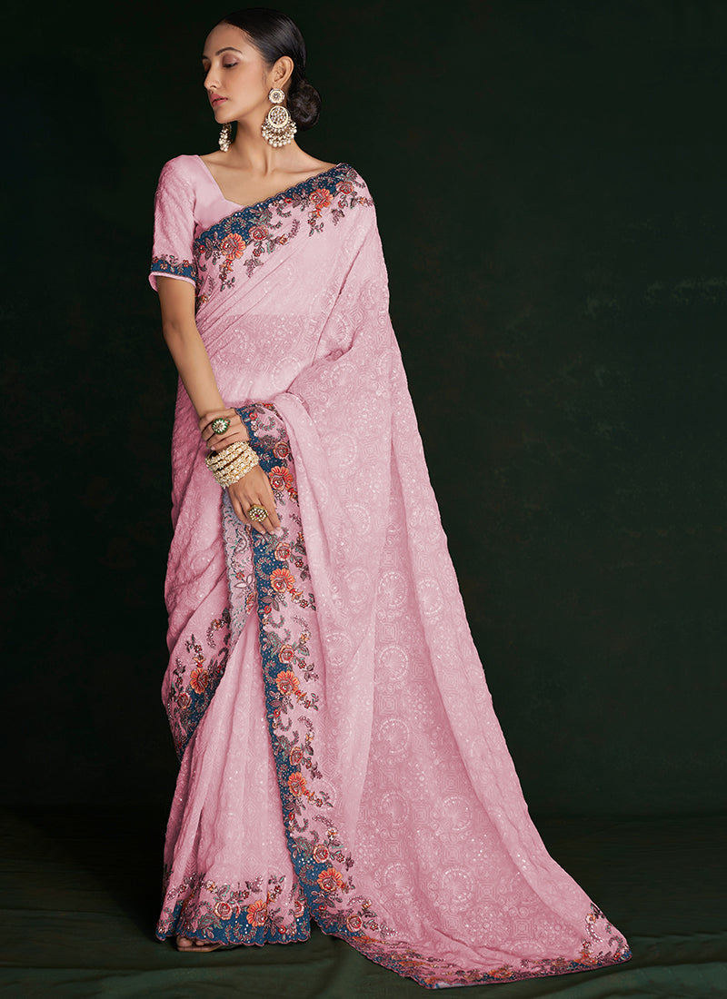 Rich Pink Multi Embroidery Lucknowi Saree In USA
