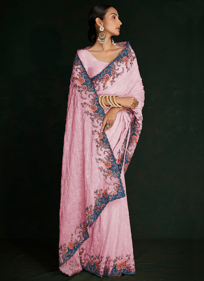 Rich Pink Multi Embroidery Lucknowi Saree In USA
