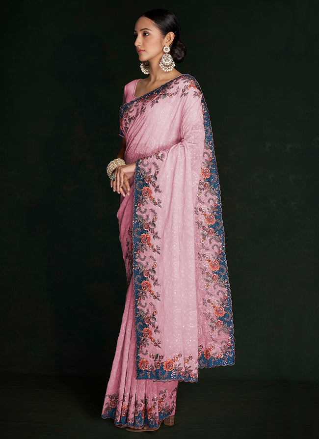 Rich Pink Multi Embroidery Lucknowi Saree In USA Leesburg