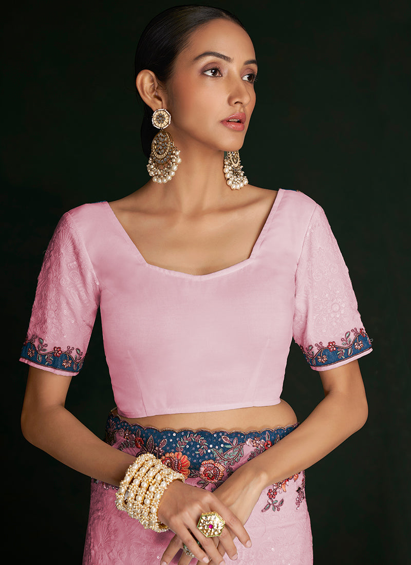 Rich Pink Multi Embroidery Lucknowi Saree In USA Leesburg