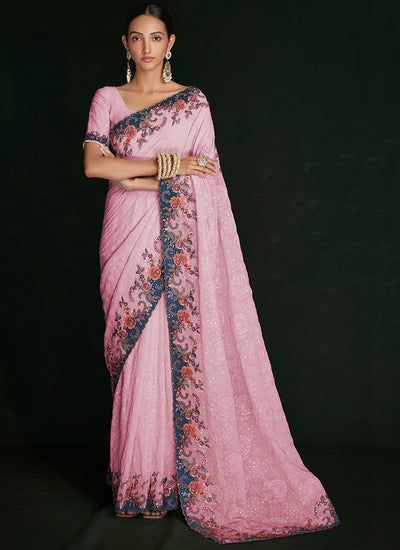 Rich Pink Multi Embroidery Lucknowi Saree