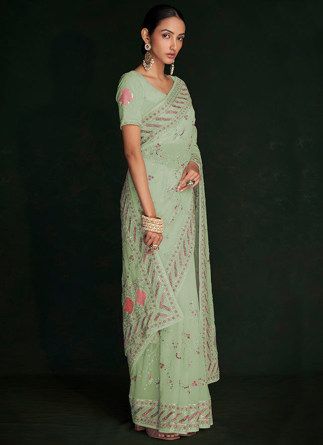 Green Multi Embroidery Lucknowi Saree I n USA