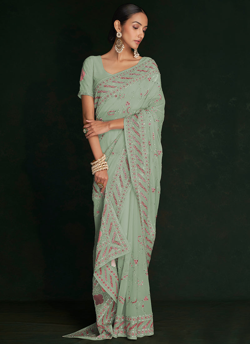 Green Multi Embroidery Lucknowi Saree I n USA Texas