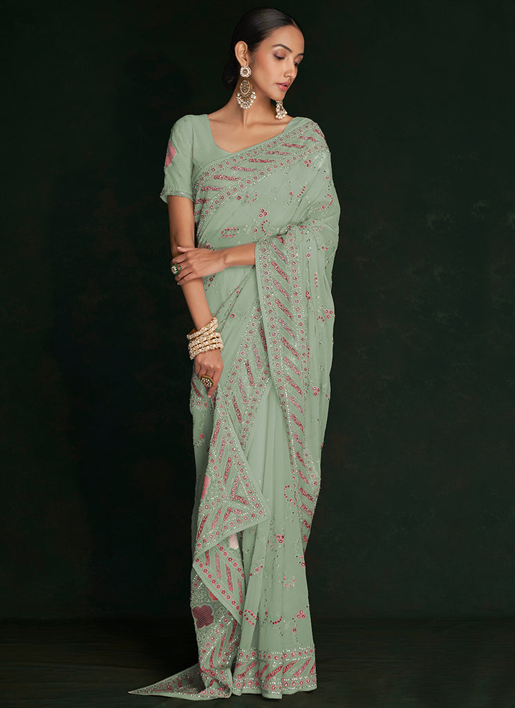Green Multi Embroidery Lucknowi Saree I n USA Texas