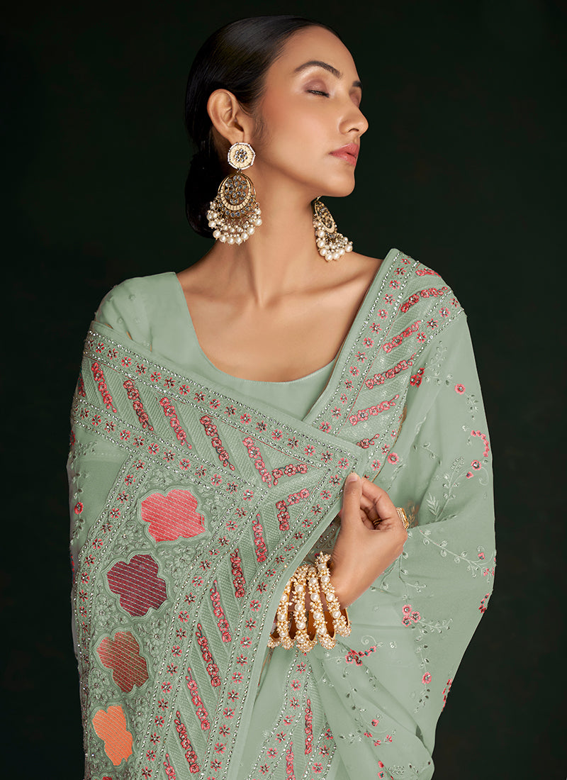 Green Multi Embroidery Lucknowi Saree I n USA Texas