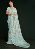 Sky Blue Embroidery Lucknowi Saree In USA