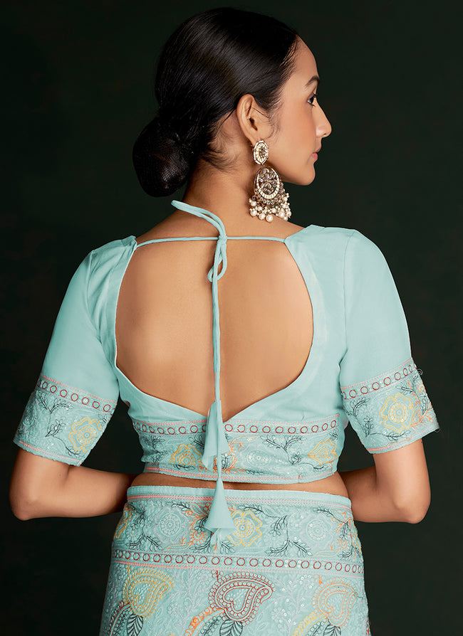 Sky Blue Embroidery Lucknowi Saree In USA Los Angeles CA