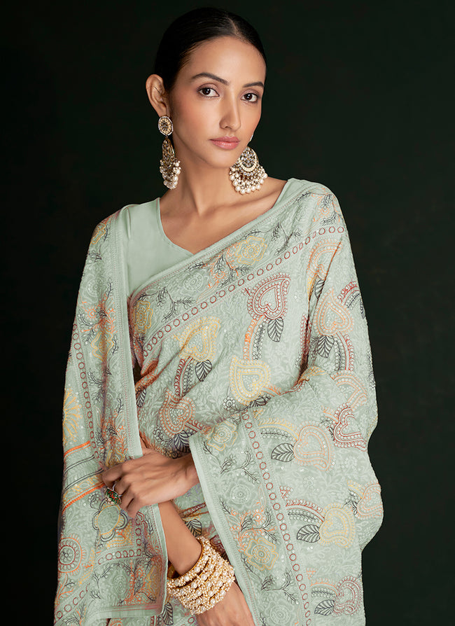 Pale Green Multi Embroidery Lucknowi Saree In USA  Washington