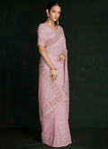Pink Multi Embroidery Lucknowi Saree In USA