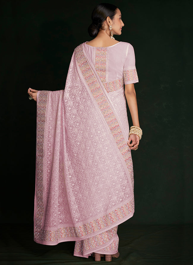 Pink Multi Embroidery Lucknowi Saree In USA Leesburg