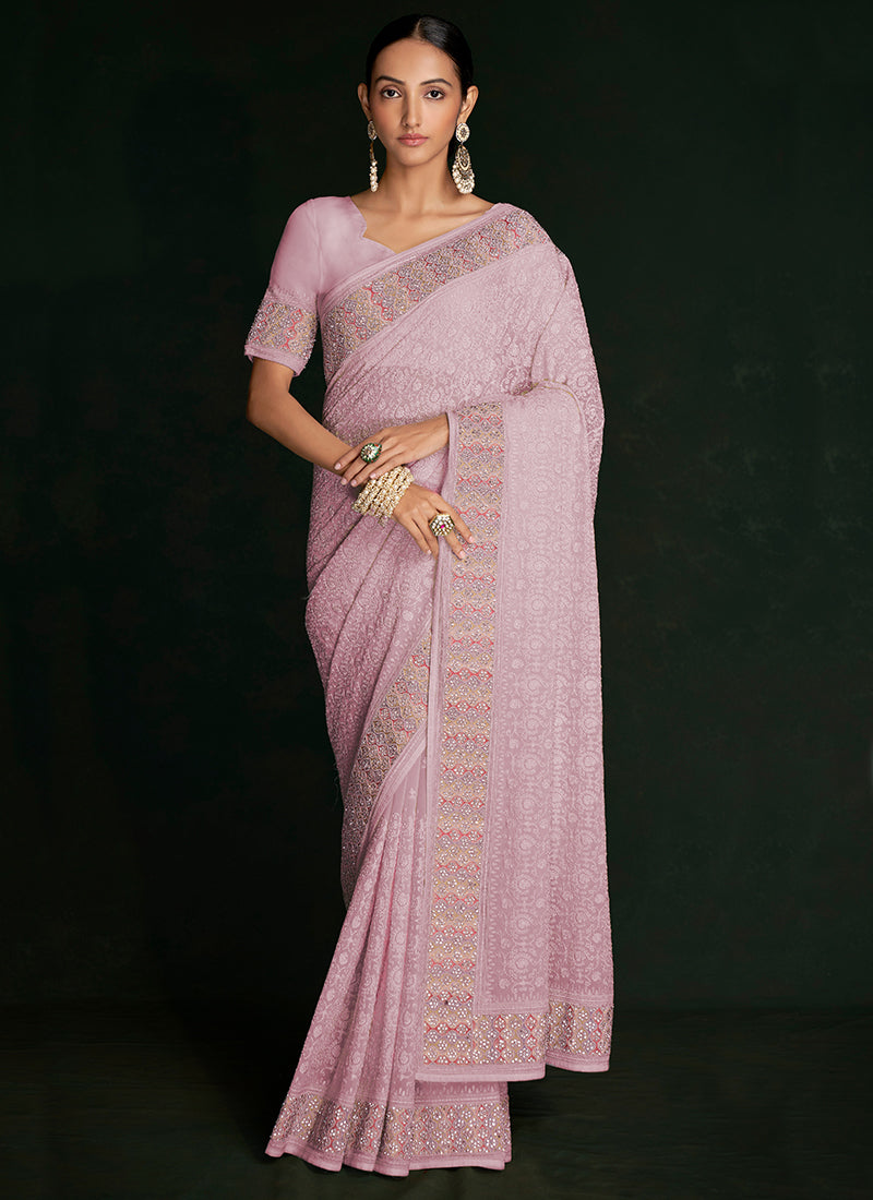 Pink Multi Embroidery Lucknowi Saree