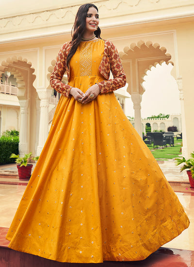 Mustard Yellow Sequence Embroidered Anarkali Gown With Jacket 