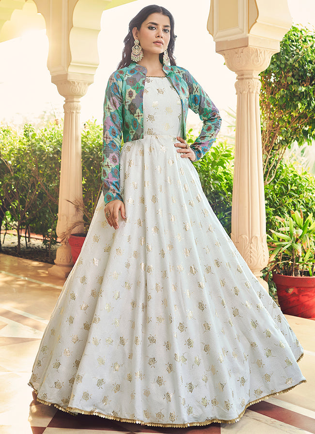Buy Off White Chanderi Silk Anarkali Gown Online – Vasansi Jaipur