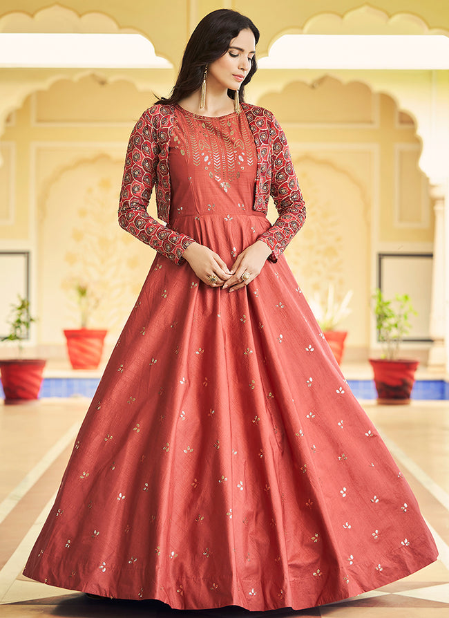 Burnt Orange Sequence Embroidered Anarkali Gown With Jacket