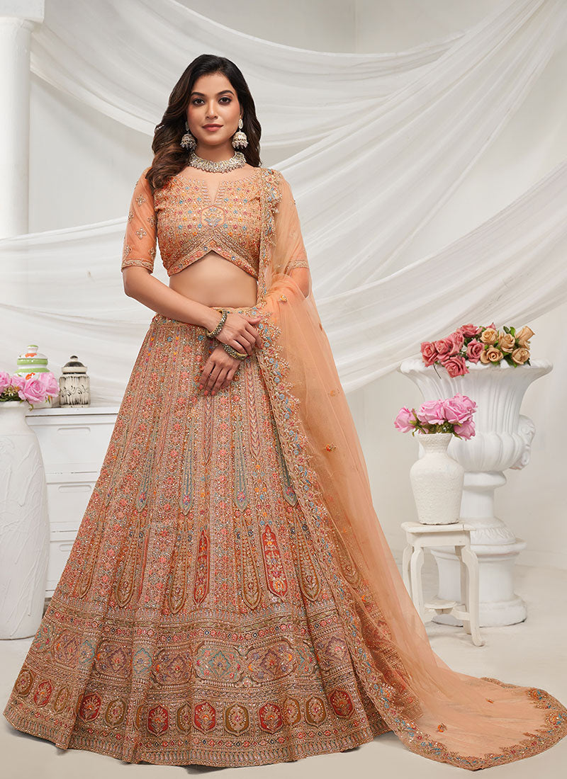 Peach Multi Embroidery Wedding Lehenga Choli