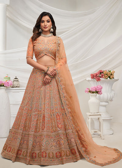 Peach Multi Embroidery Wedding Lehenga Choli