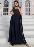 Dark Blue Zari And Sequence Embroidery High Slit Anarkali Suit