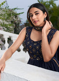 Dark Blue Zari And Sequence Embroidery High Slit Anarkali Suit