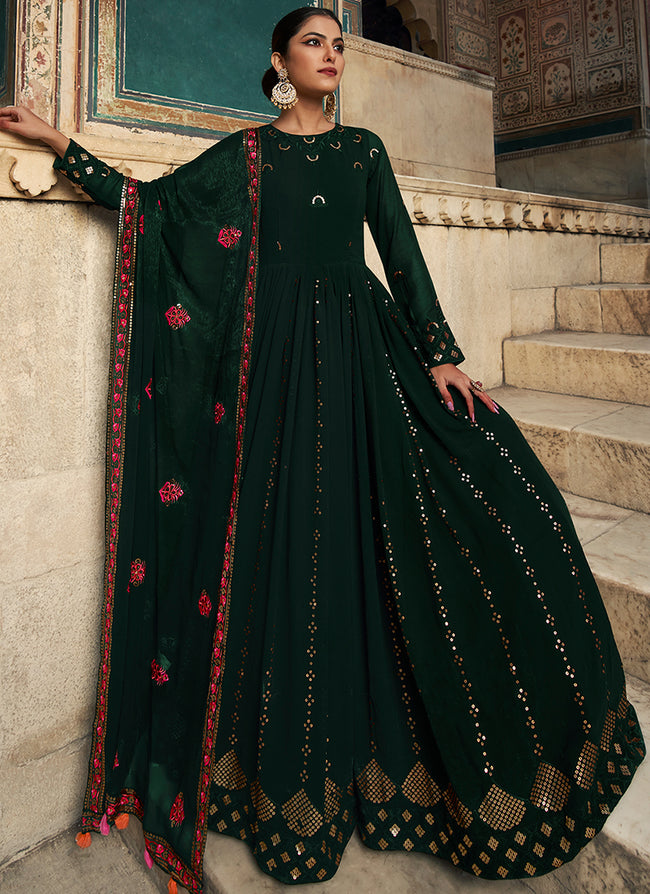 Dark Green Sequence Embroidery Wedding Anarkali Suit