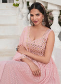 Pink Mirror Work Embroidered Jacquard Anarkali Suit In USA UK
