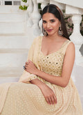 Beige Mirror Work Embroidered Jacquard Anarkali Suit In USA
