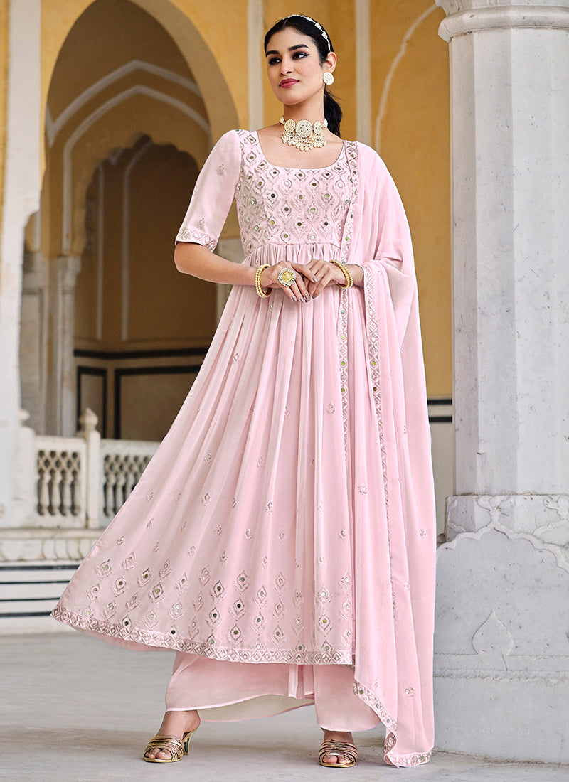 Pink Mirror Work Embroidery Pleated Anarkali Palazzo Suit