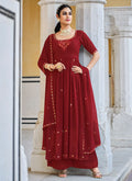 Red Mirror Work Embroidery Pleated Anarkali Palazzo Suit