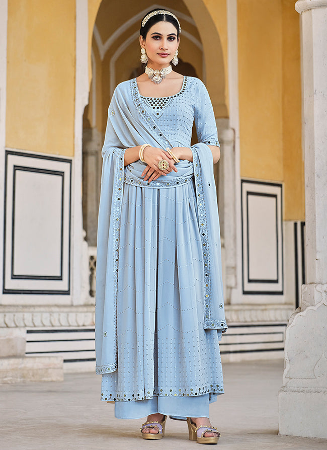 Blue Mirror Work Embroidery Pleated Anarkali Palazzo Suit