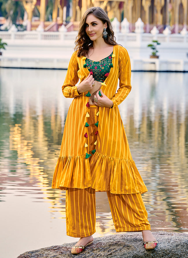 Yellow And Green Multi Embroidered Jacket Style Co-Ord Set