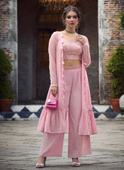 Pink Sequence Embroidered Jacket Style Co-Ord Set