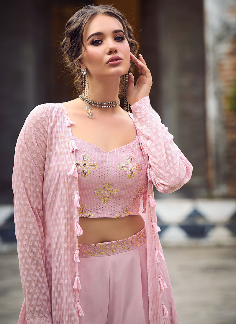 Pink Sequence Embroidered Jacket Style Co-Ord Set