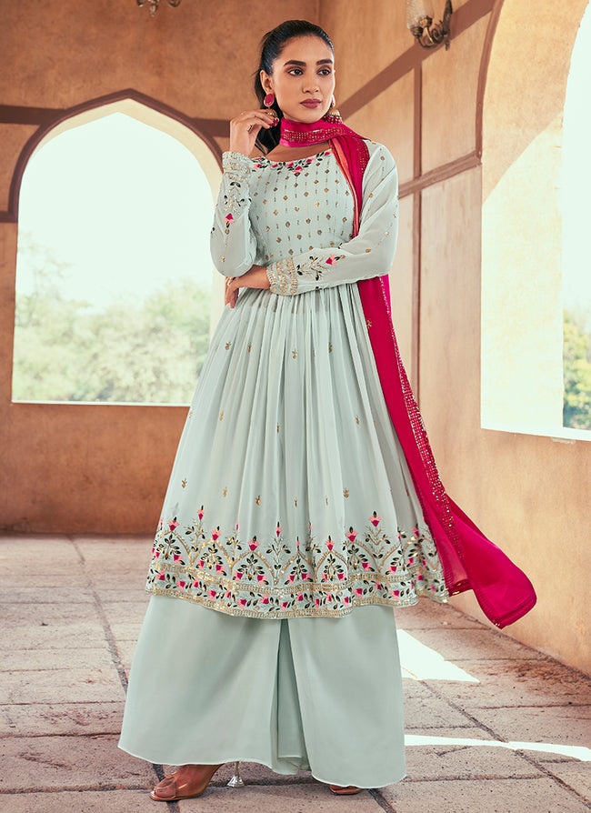 Sky Blue Anarkali Palazzo Suit In Usa