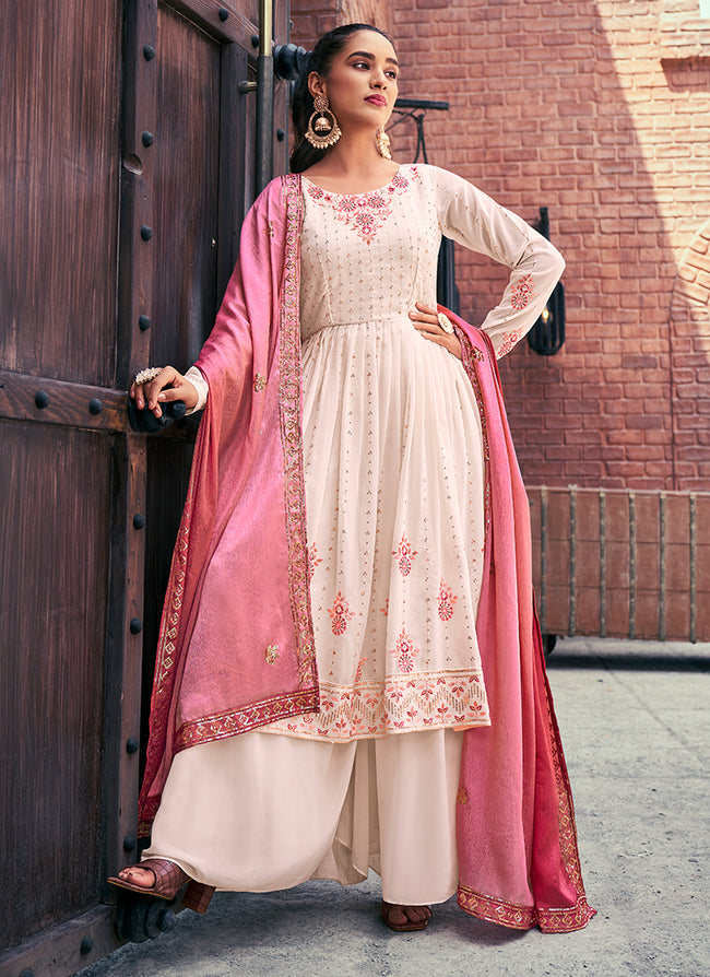 Light Pink Sequence And Thread Embroidery Anarkali Palazzo Suit
