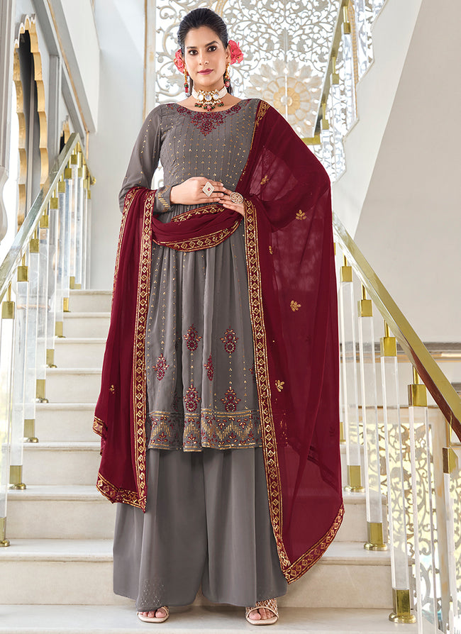 Grey And Red Sequence Embroidery Anarkali Palazzo Suit