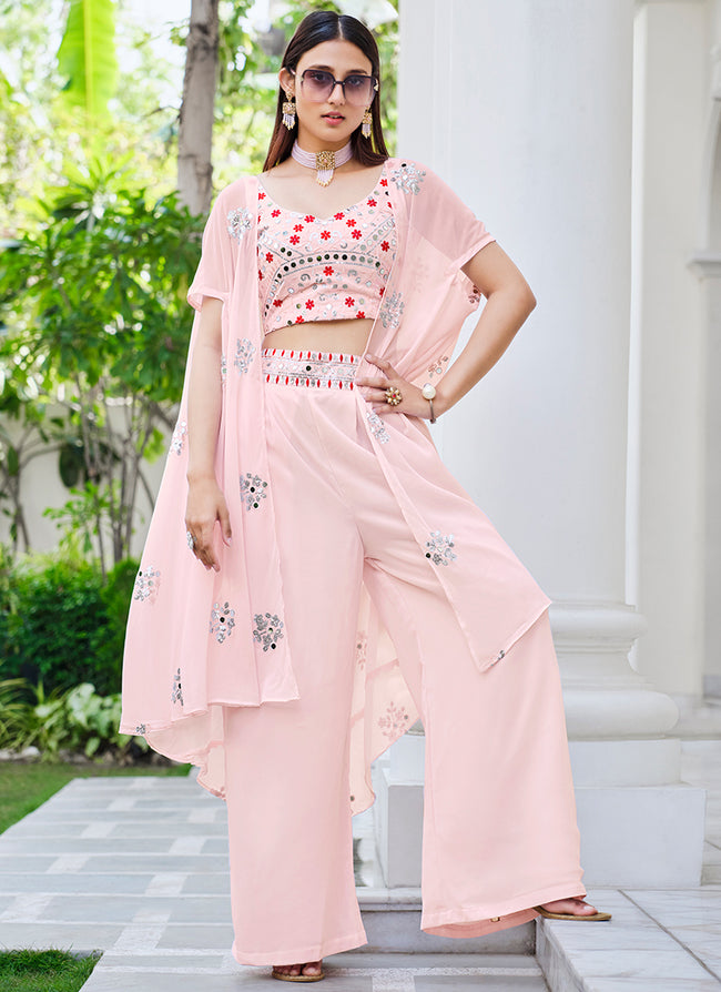 Buy Palazzo Suit - Light Pink Mirror Work Embroidery Cape Style Co-Ord  Palazzo Set In USA UK CANADA