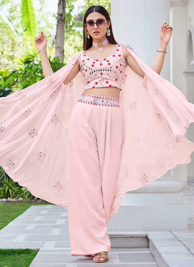 Light Pink Mirror Work Embroidery Cape Style Co-Ord Palazzo Set