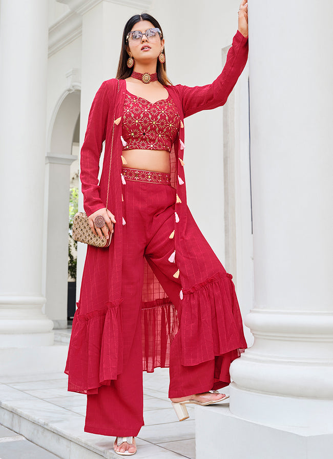 Red Mirror Work Embroidery Cape Style Co-Ord Palazzo Set