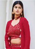 Red Mirror Work Embroidery Cape Style Co-Ord Palazzo Set In USA Germany