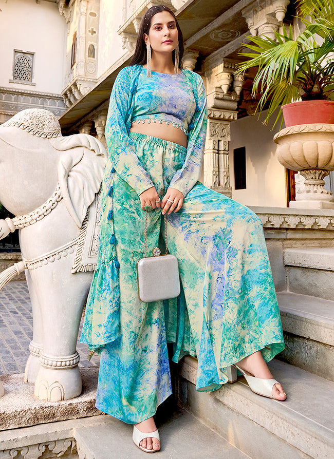 Buy Latest Indian Suits Online - Teal Blue Tie-dye Printed Cape Style Co-Ord  Palazzo At Hatkay