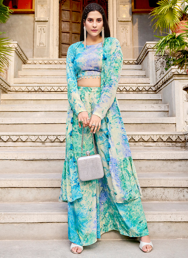 Teal Blue Tie-dye Printed Cape Style Co-Ord Palazzo