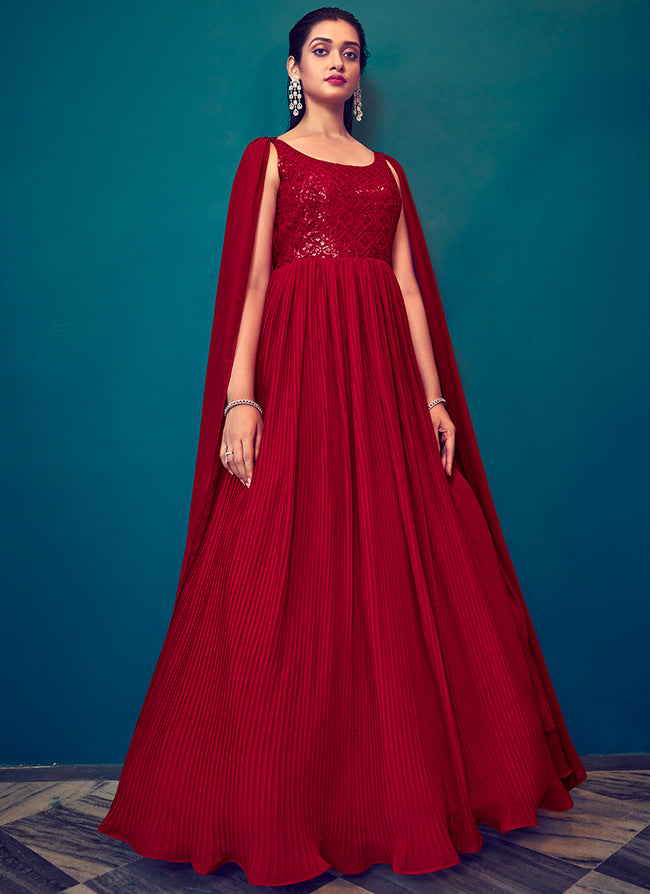 Red Sequence Embroidery Cape Style Designer Gown