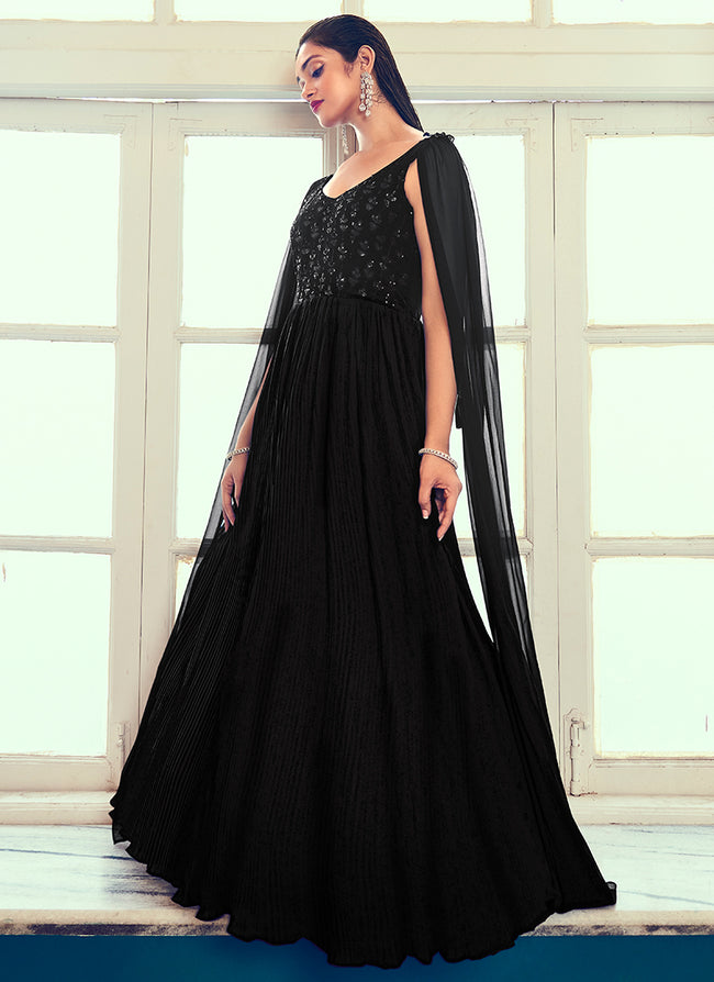 Black Sequence Embroidery Cape Style Designer Gown