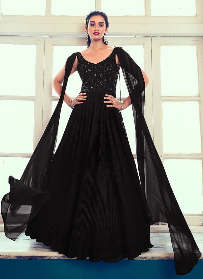 Black Sequence Embroidery Cape Style Designer Gown In USA