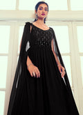 Black Sequence Embroidery Cape Style Designer Gown In USA UK